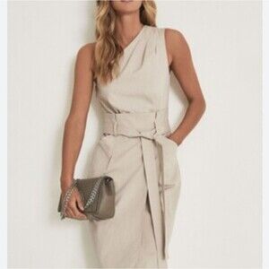 Reiss Tayla One Shoulder Midi Dress in Beige NWT